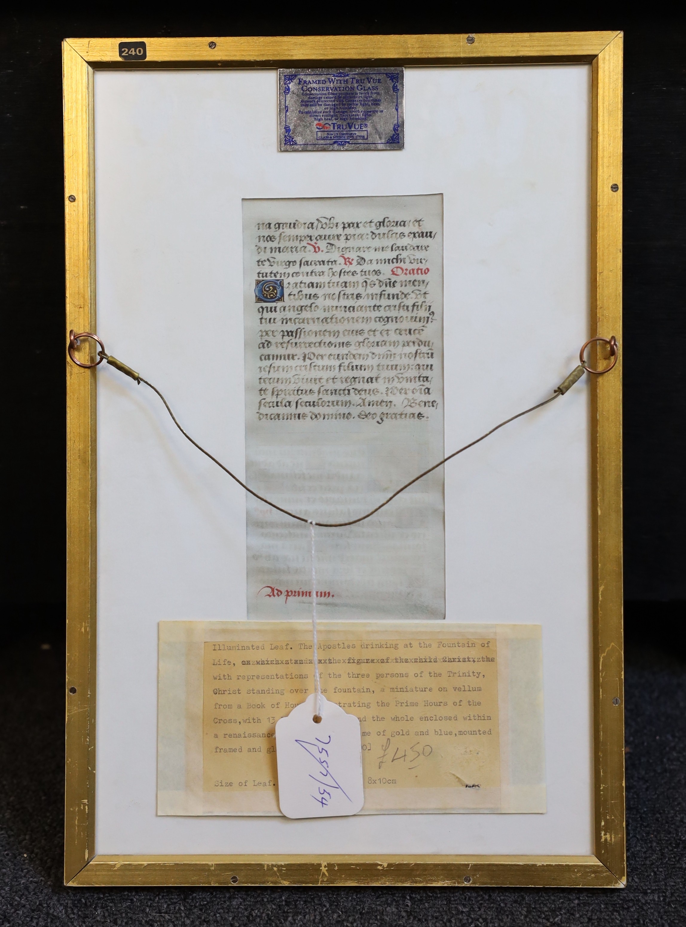 Early 16th century French School, 'The Apostles drinking from the Fountain of Life’, illuminated leaf watercolour and gold leaf on vellum, c.1500, 21 x 11cm.